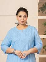 Thumbnail for Yufta Women Sky Blue Floral Straight Plus Size Kurta