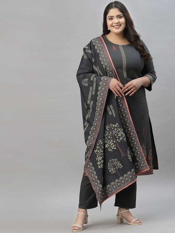 Sztori Plus Size Ethnic Motifs Printed Kurta With Trousers & Dupatta