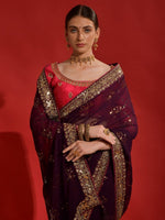 Thumbnail for Anouk Burgundy & Gold-Toned Embellished Sequinned Pure Georgette Saree - Distacart