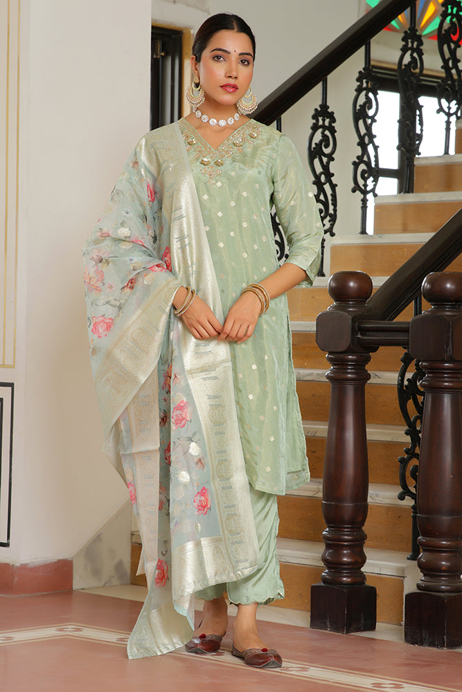 Vaasva Women Aqua Tissue Brocade Embroidered Kurta With Scalloped Pant & Dupatta - Distacart