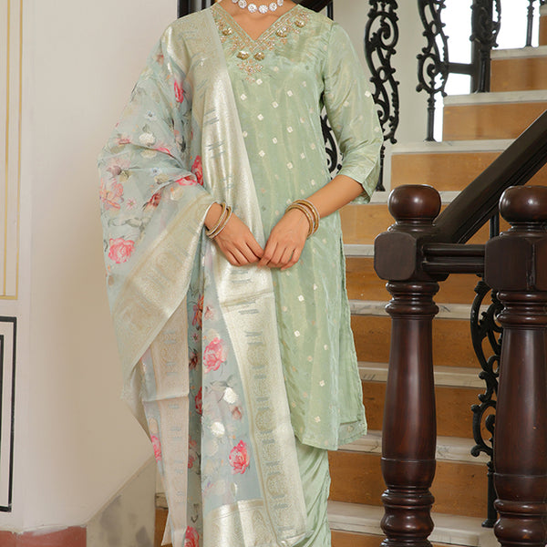 Vaasva Women Aqua Tissue Brocade Embroidered Kurta With Scalloped Pant & Dupatta - Distacart