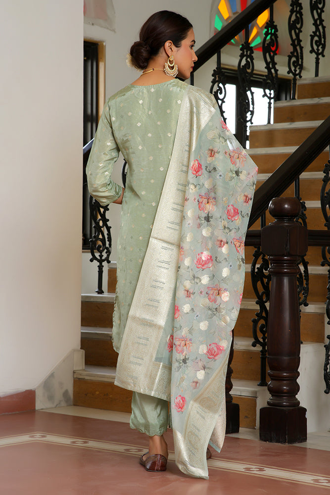 Vaasva Women Aqua Tissue Brocade Embroidered Kurta With Scalloped Pant & Dupatta - Distacart