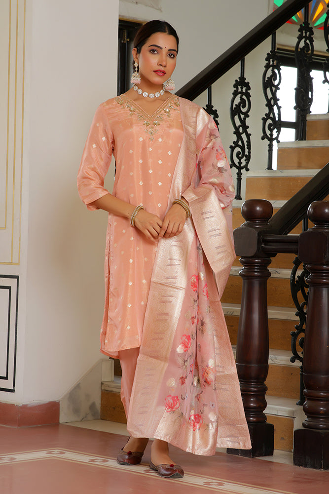 Vaasva Women Peach Tissue Brocade Embroidered Kurta With Scalloped Pant & Dupatta - Distacart