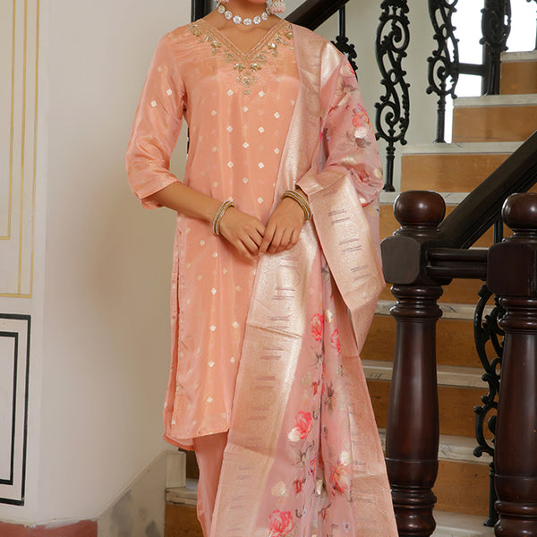 Vaasva Women Peach Tissue Brocade Embroidered Kurta With Scalloped Pant & Dupatta - Distacart