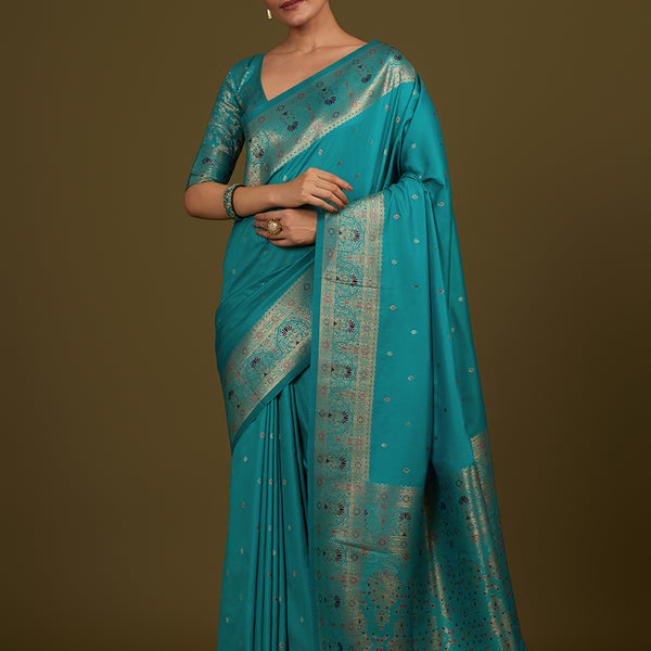 Monjolika Fashion Elegant Cyan Banarasi Silk Blend SareeBrocade Motifs & Zari Woven Splendor - Distacart
