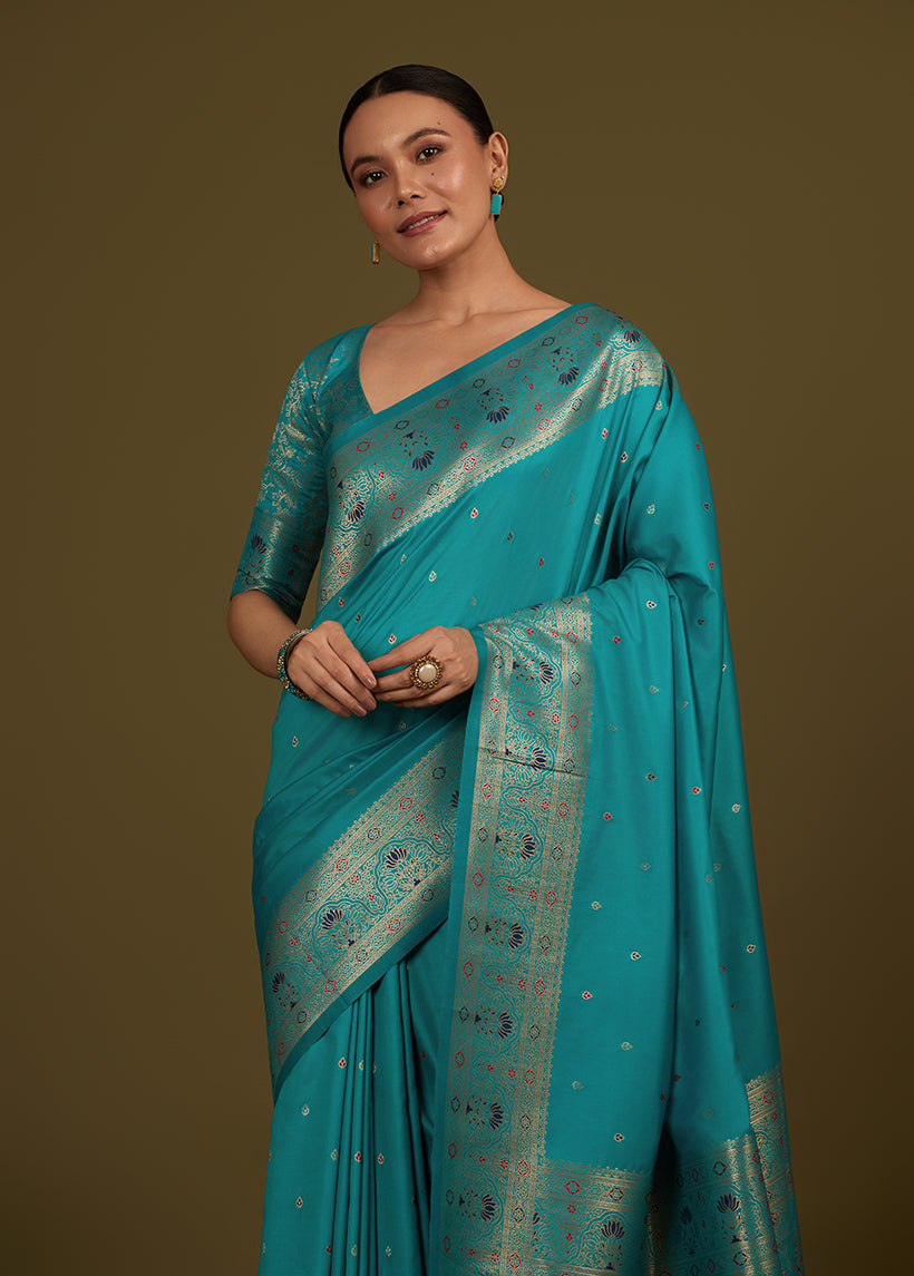 Monjolika Fashion Elegant Cyan Banarasi Silk Blend SareeBrocade Motifs & Zari Woven Splendor - Distacart
