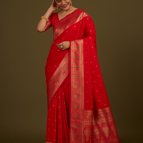 Monjolika Fashion Elegant Red Banarasi Silk Blend SareeBrocade Motifs & Zari Woven Splendor - Distacart