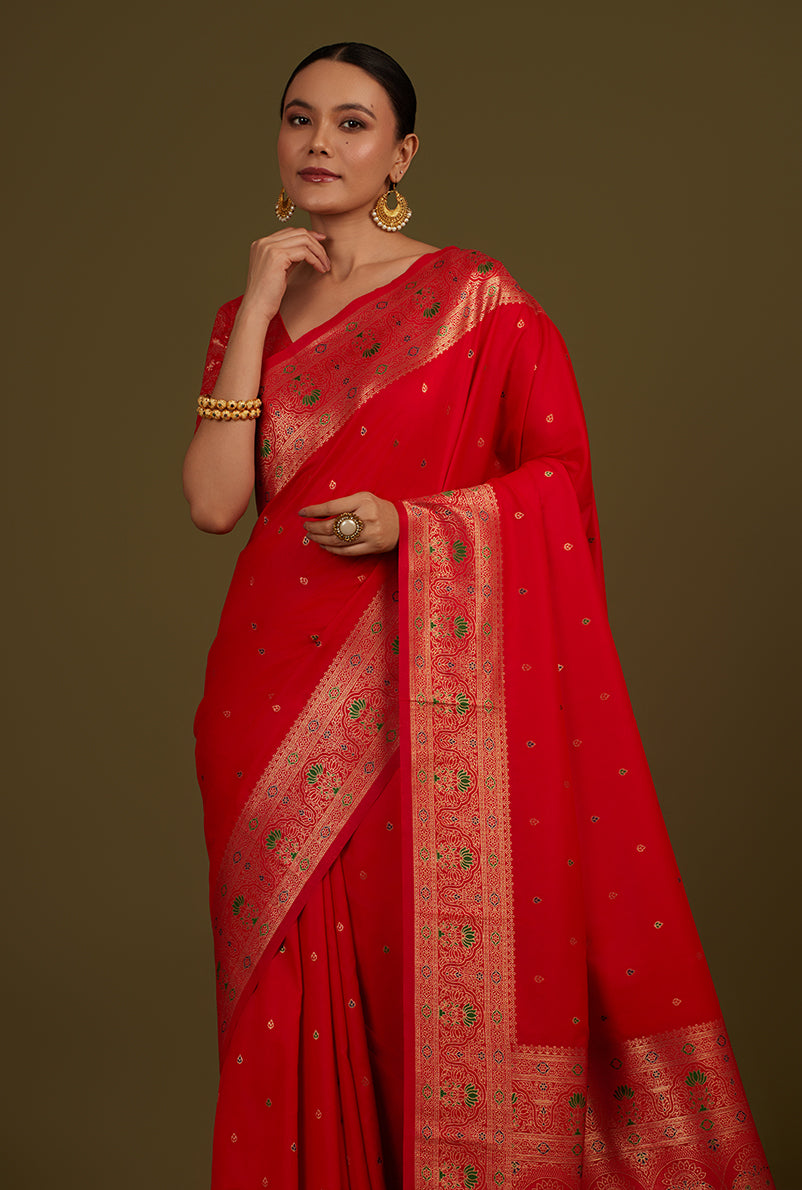Monjolika Fashion Elegant Red Banarasi Silk Blend SareeBrocade Motifs & Zari Woven Splendor - Distacart