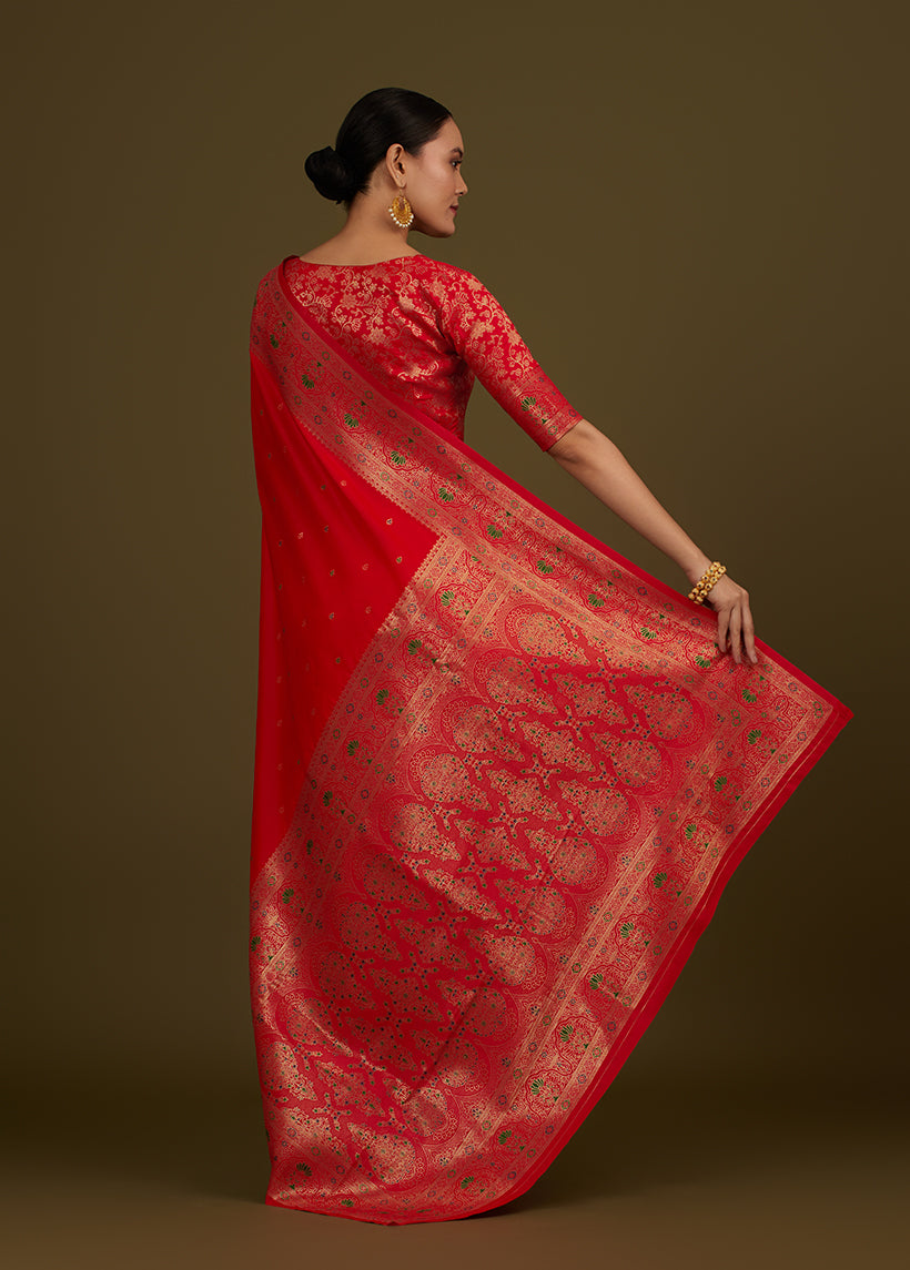 Monjolika Fashion Elegant Red Banarasi Silk Blend SareeBrocade Motifs & Zari Woven Splendor