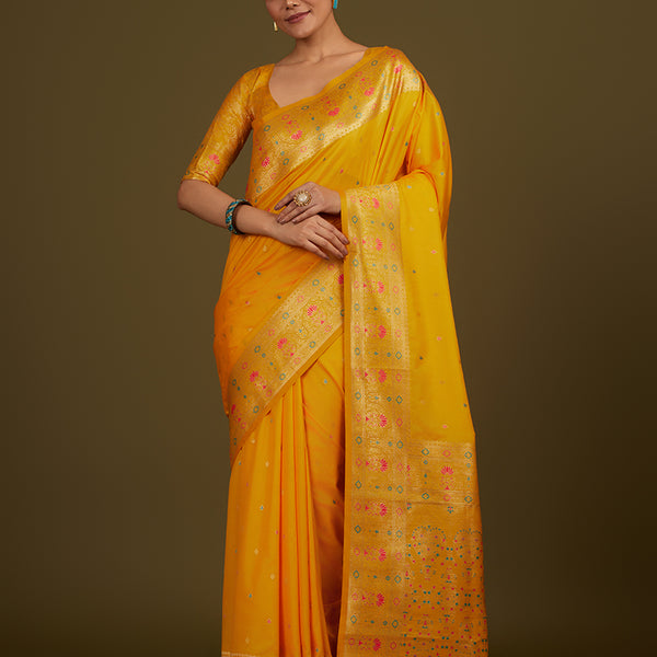Monjolika Fashion Elegant Yellow Banarasi Silk Blend SareeBrocade Motifs & Zari Woven Splendor - Distacart