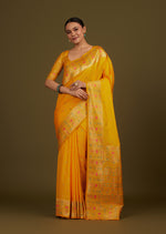 Thumbnail for Monjolika Fashion Elegant Yellow Banarasi Silk Blend SareeBrocade Motifs & Zari Woven Splendor - Distacart