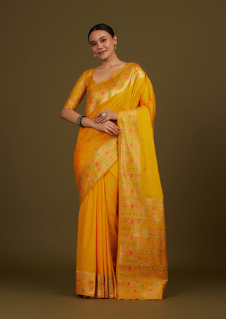 Monjolika Fashion Elegant Yellow Banarasi Silk Blend SareeBrocade Motifs & Zari Woven Splendor - Distacart