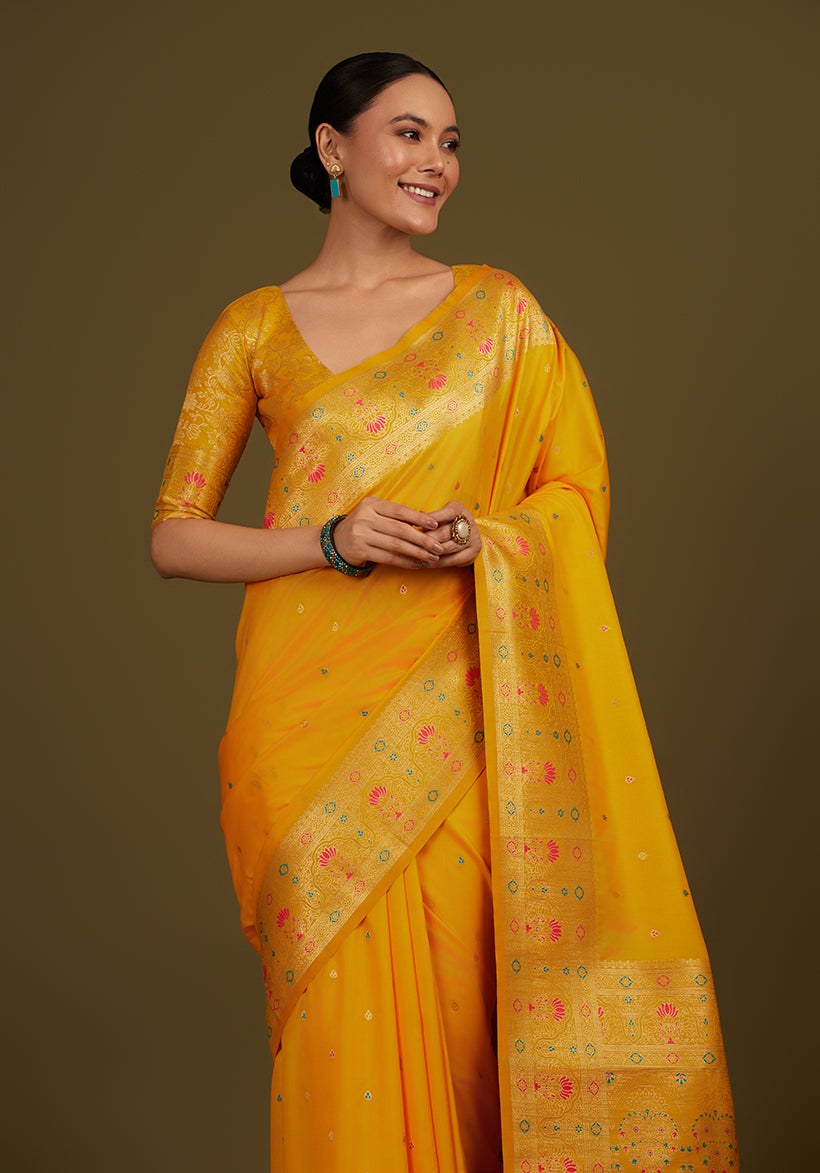 Monjolika Fashion Elegant Yellow Banarasi Silk Blend SareeBrocade Motifs & Zari Woven Splendor - Distacart