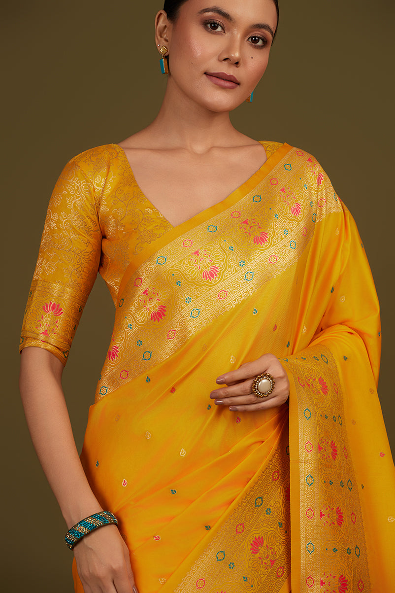 Monjolika Fashion Elegant Yellow Banarasi Silk Blend SareeBrocade Motifs & Zari Woven Splendor - Distacart