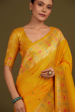 Thumbnail for Monjolika Fashion Elegant Yellow Banarasi Silk Blend SareeBrocade Motifs & Zari Woven Splendor - Distacart