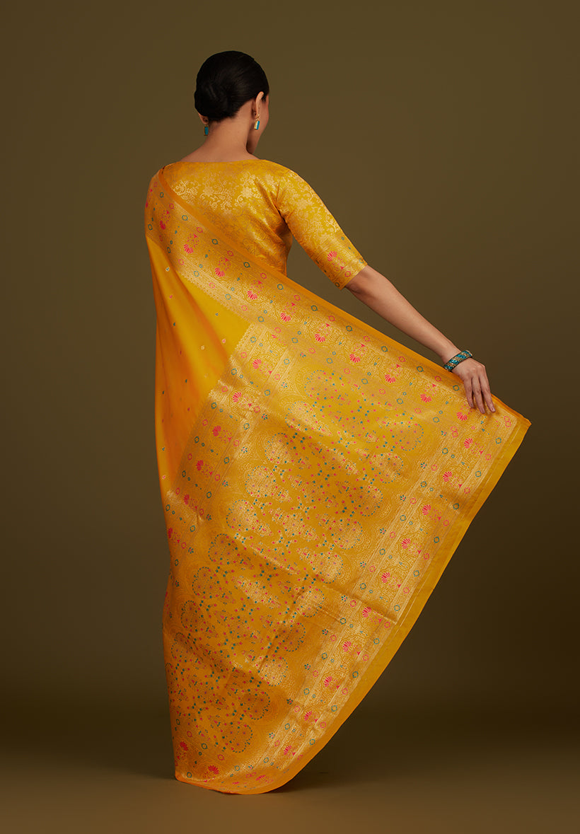 Monjolika Fashion Elegant Yellow Banarasi Silk Blend SareeBrocade Motifs & Zari Woven Splendor - Distacart