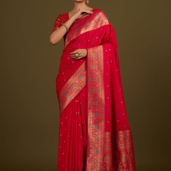 Monjolika Fashion Elegant Hot Pink Banarasi Silk Blend SareeBrocade Motifs & Zari Woven Splendor - Distacart