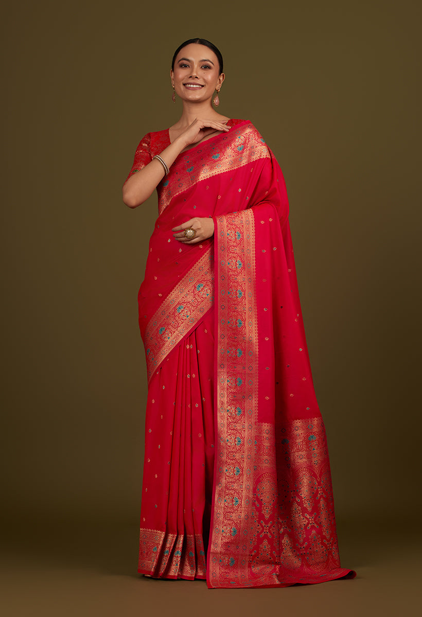 Monjolika Fashion Elegant Hot Pink Banarasi Silk Blend SareeBrocade Motifs & Zari Woven Splendor - Distacart