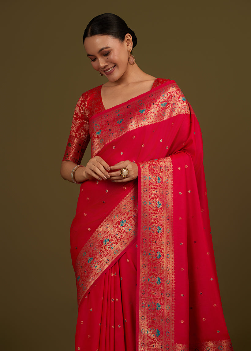 Monjolika Fashion Elegant Hot Pink Banarasi Silk Blend SareeBrocade Motifs & Zari Woven Splendor - Distacart