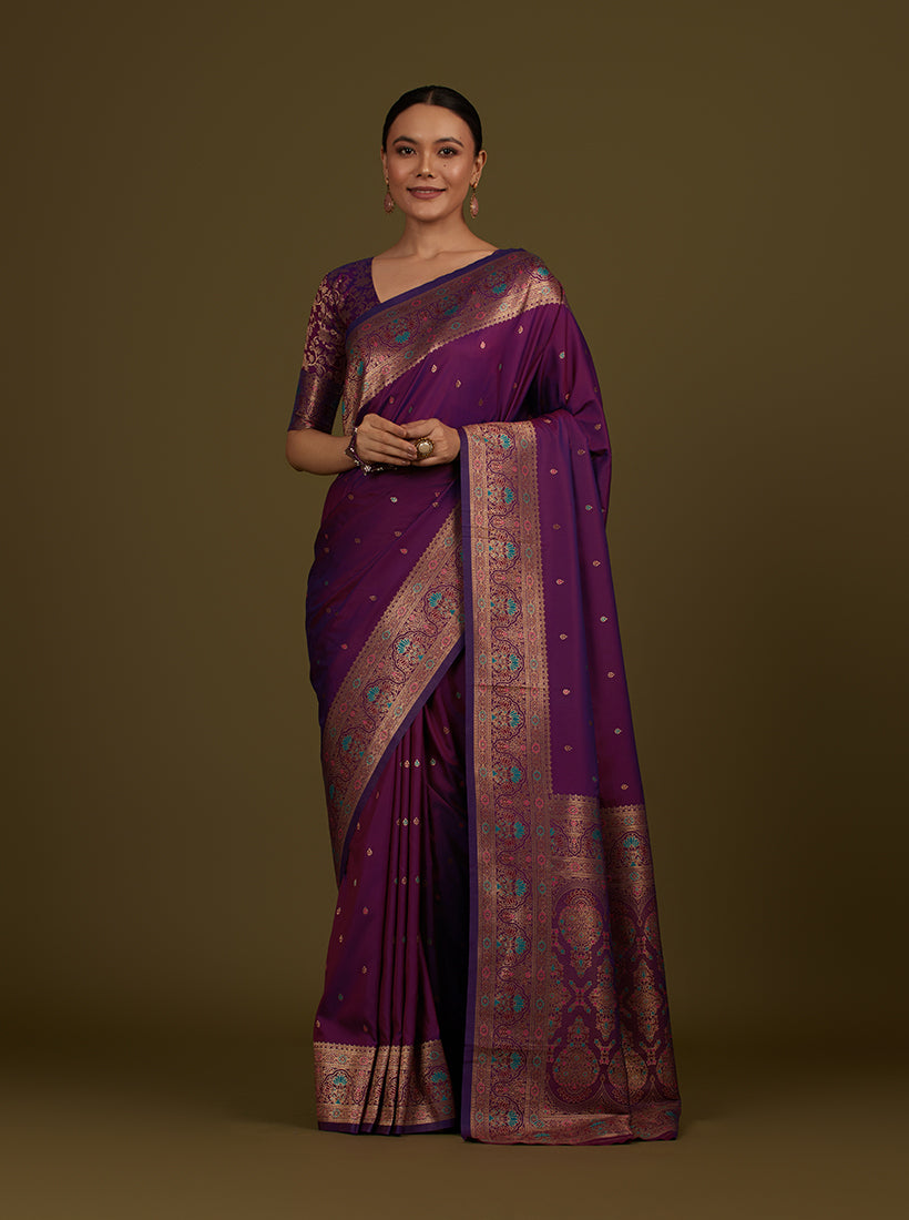 Monjolika Fashion Elegant Dark Purple Banarasi Silk Blend SareeBrocade Motifs & Zari Woven Splendor - Distacart