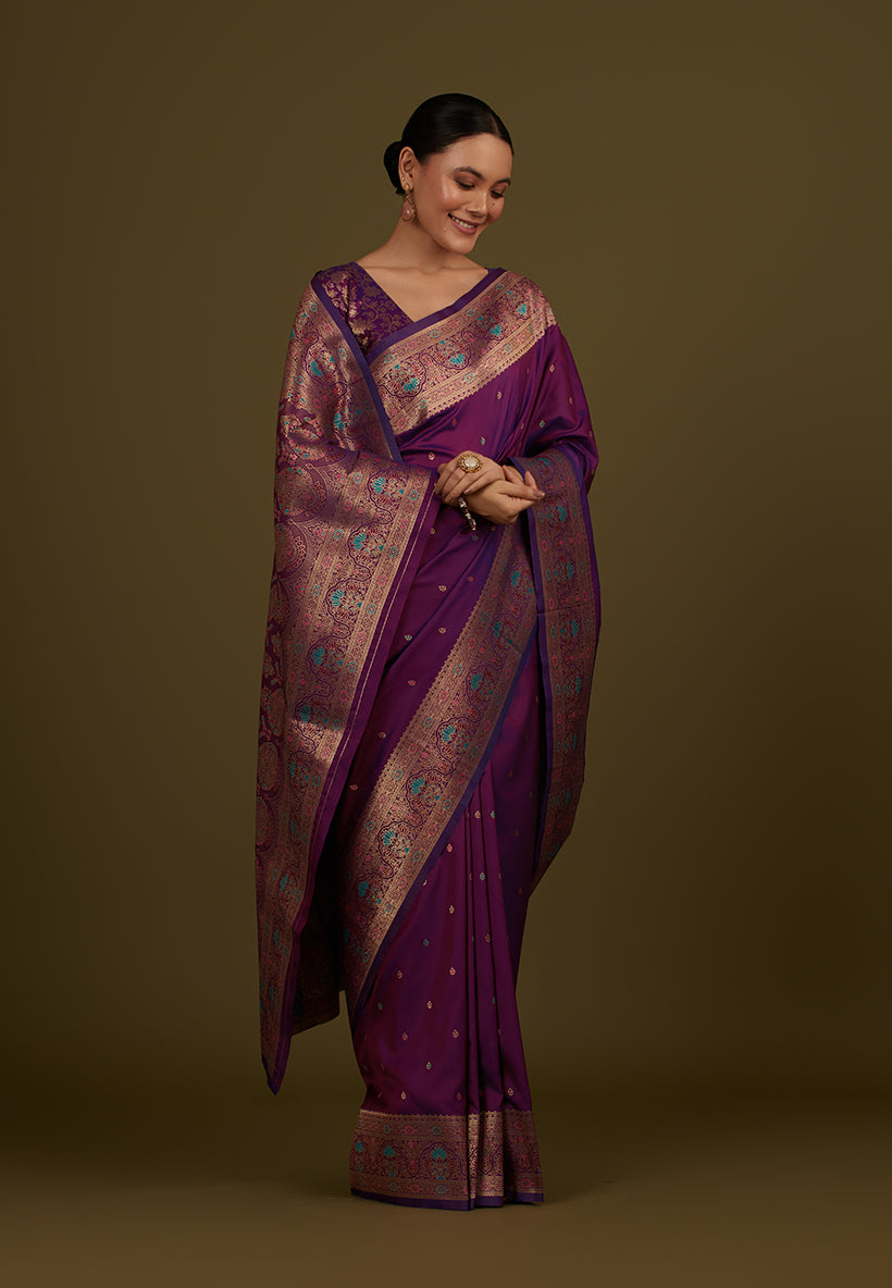 Monjolika Fashion Elegant Dark Purple Banarasi Silk Blend SareeBrocade Motifs & Zari Woven Splendor - Distacart