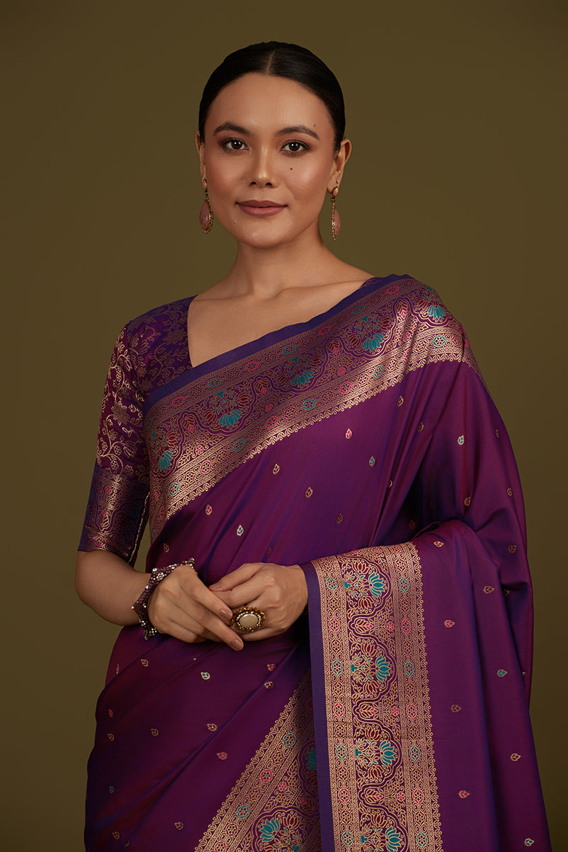 Monjolika Fashion Elegant Dark Purple Banarasi Silk Blend SareeBrocade Motifs & Zari Woven Splendor - Distacart