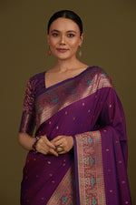 Thumbnail for Monjolika Fashion Elegant Dark Purple Banarasi Silk Blend SareeBrocade Motifs & Zari Woven Splendor - Distacart