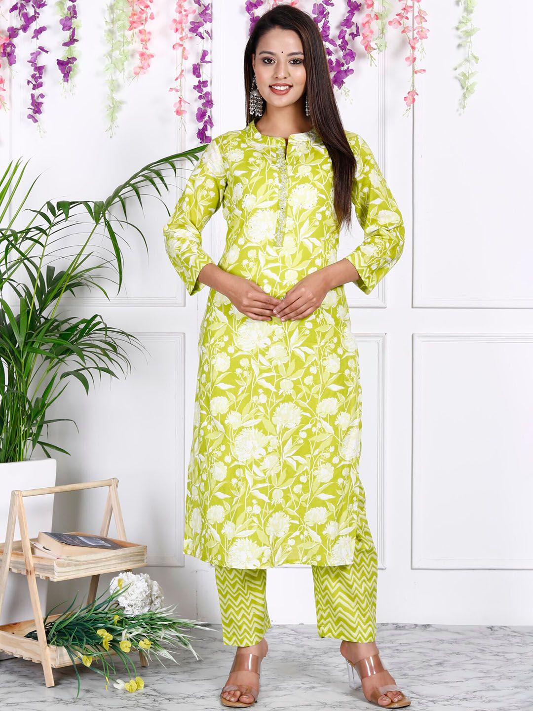 Swasti Floral Printed Sequinned Pure Cotton Straight Kurta With Trousers & Dupatta - Distacart