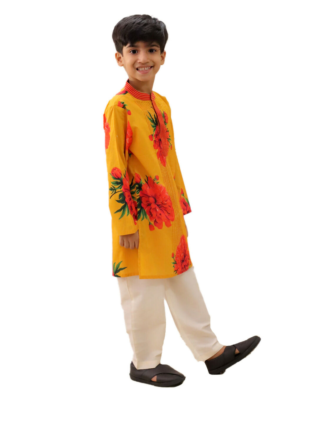 Lil Drama Genda Phool Mustard Kurta and White Pant Set for Boys