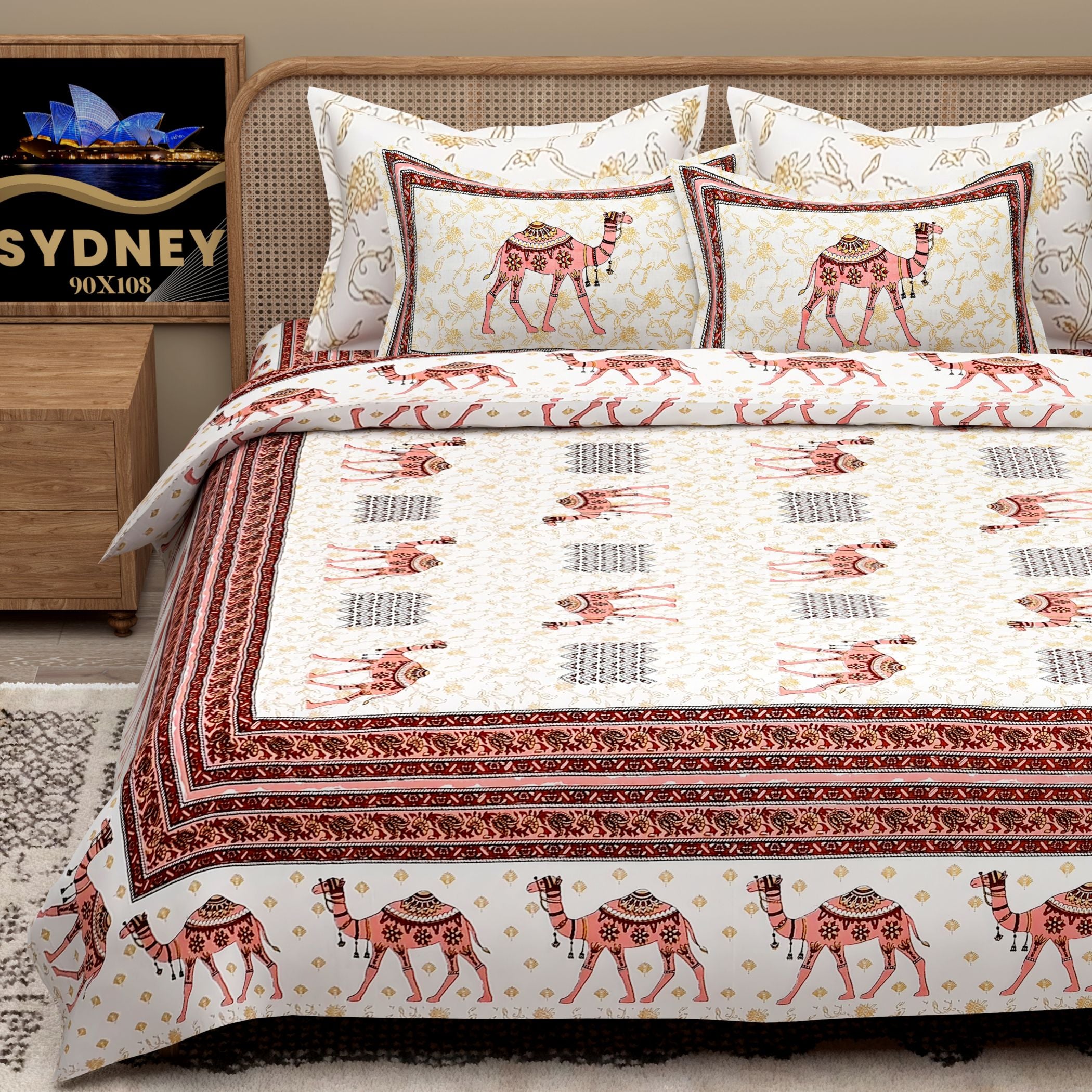 Yellow Ethnic Motifs Cotton 200TC King Bedsheet With 2 Zipper Pillow Covers - King Size by House of Ree - Distacart