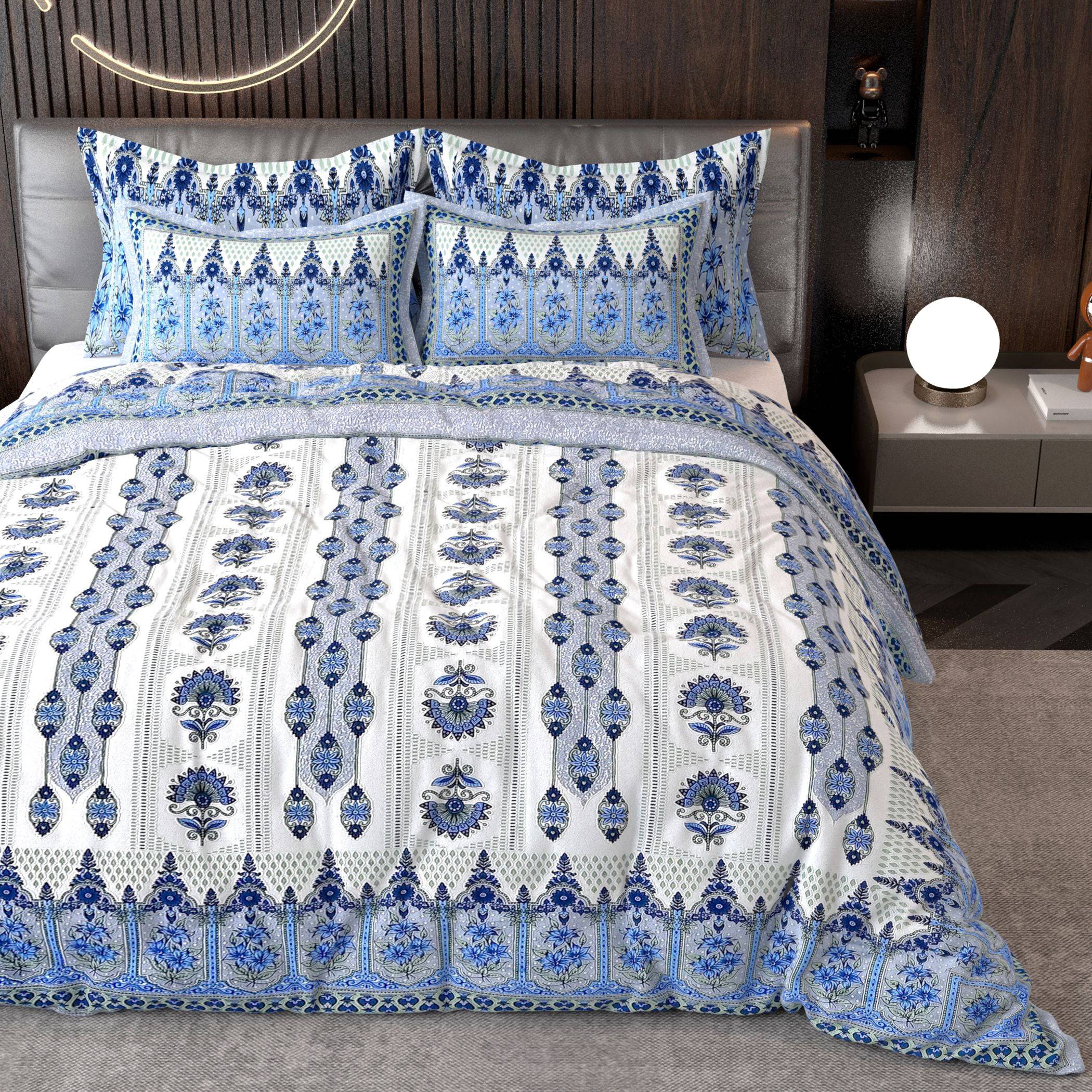 Blue Ethnic Motifs Cotton 220 TC Bedsheet With 2 Zipper Pillow Covers - King Size by House of Ree - Distacart