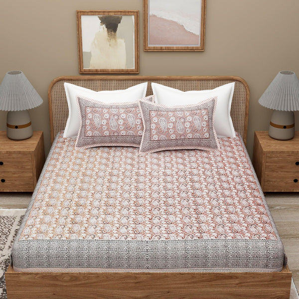 Orange Ethnic Motifs Cotton 300TC King Bedsheet With 2 Zipper Pillow Covers - Super King Size by House of Ree - Distacart