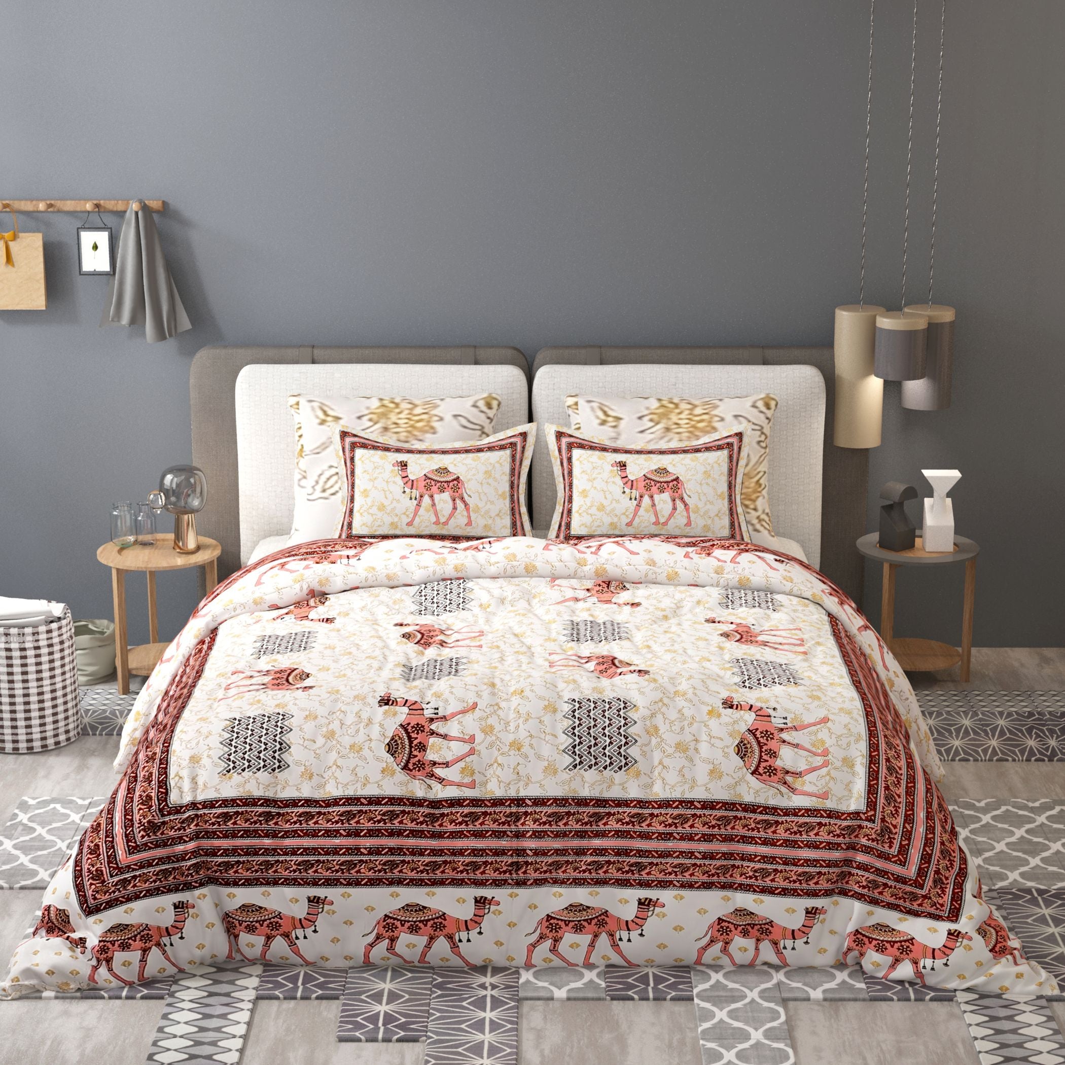 Yellow Ethnic Motifs Cotton 200TC King Bedsheet With 2 Zipper Pillow Covers - King Size by House of Ree - Distacart