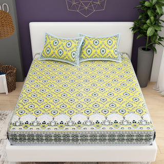 Blue White Ethnic Motifs Cotton 200TC King Bedsheet With 2 Zipper Pillow Covers - King Size by House of Ree - Distacart