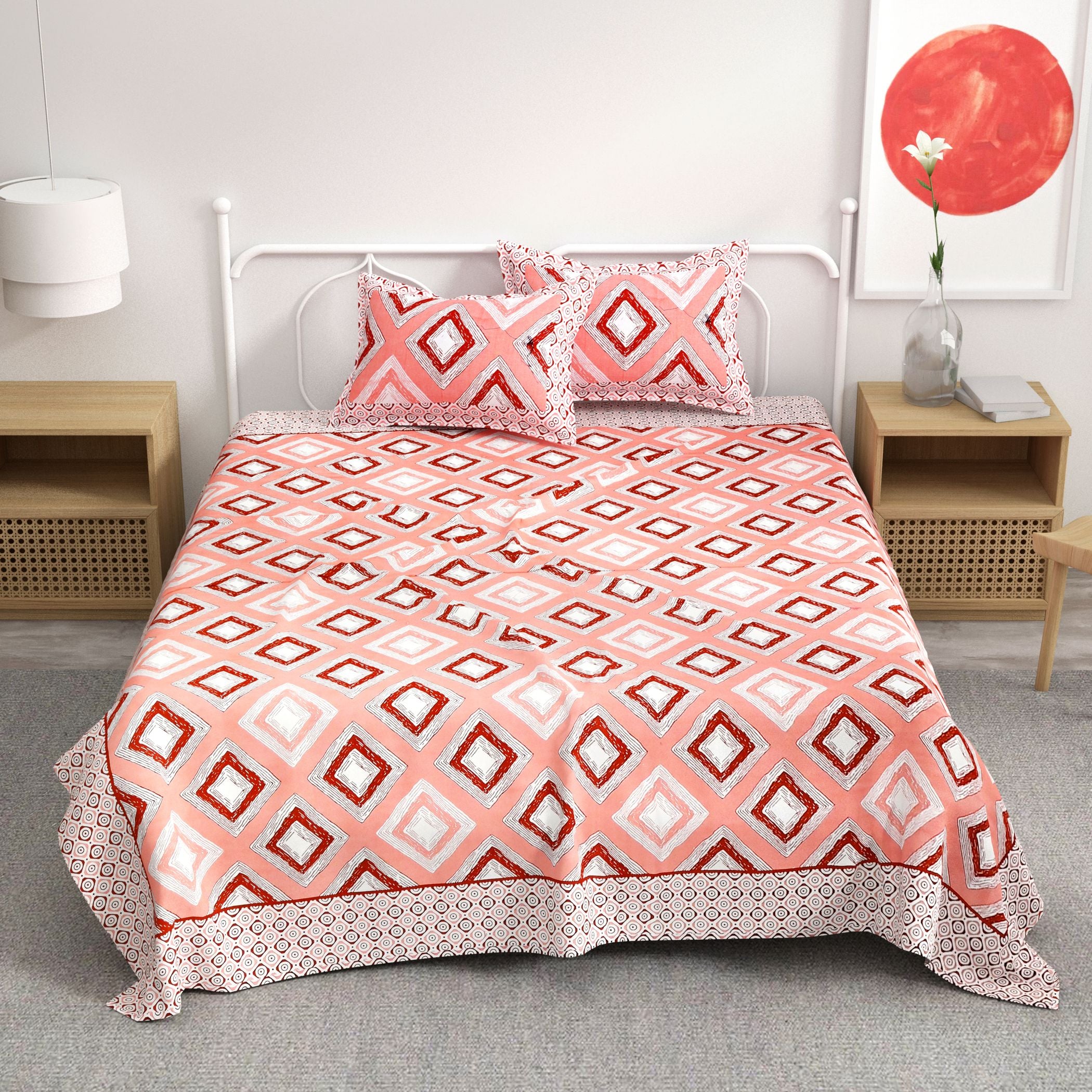 Orange Weave Pattern Cotton 300TC Super King Bedsheet With 2 Zipper Pillow Covers - King Size by House of Ree - Distacart