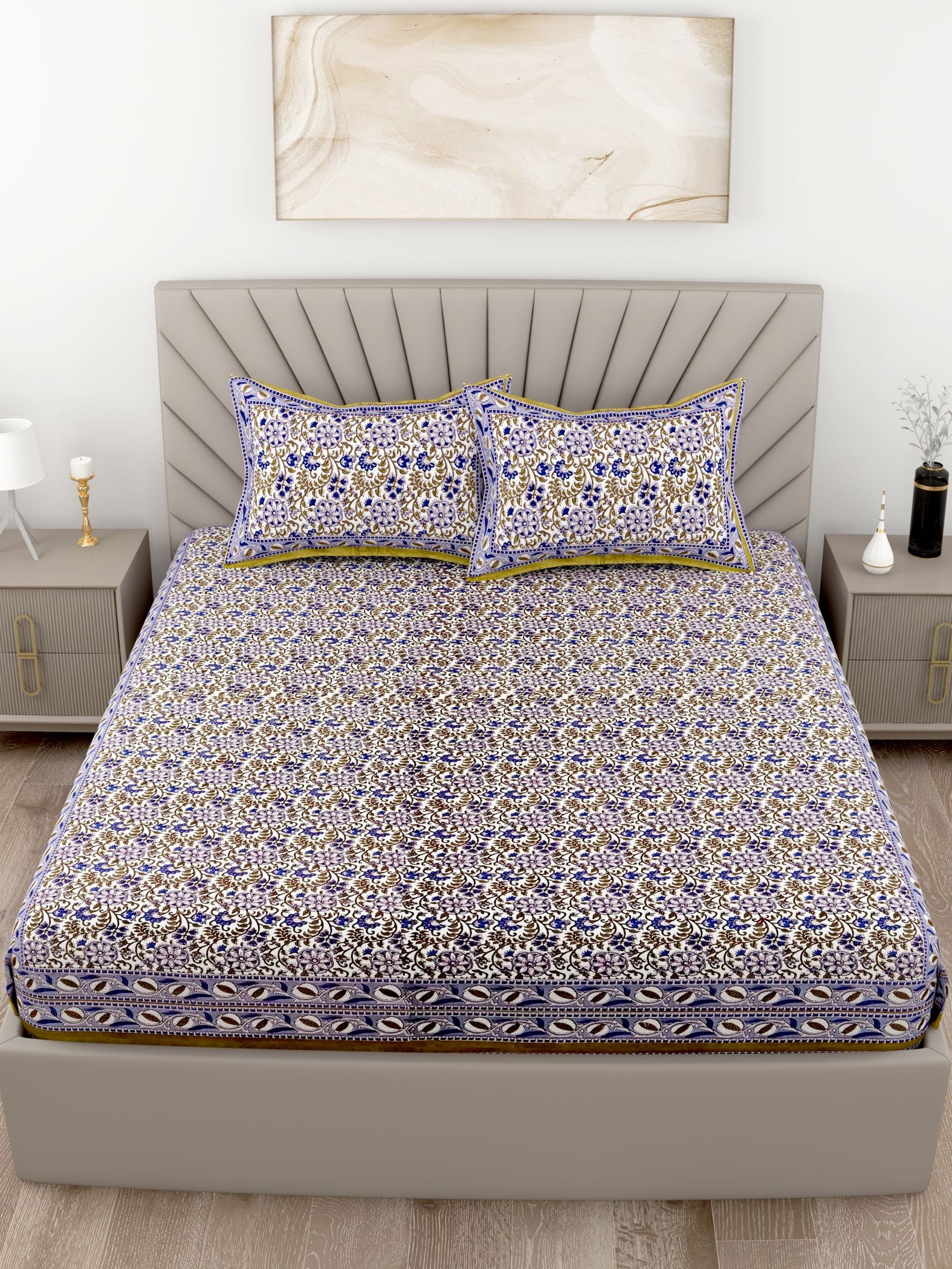 Lavender Floral Printed Cotton 200TC King Bedsheet With 2 Zipper Pillow Covers - King Size by House of Ree - Distacart