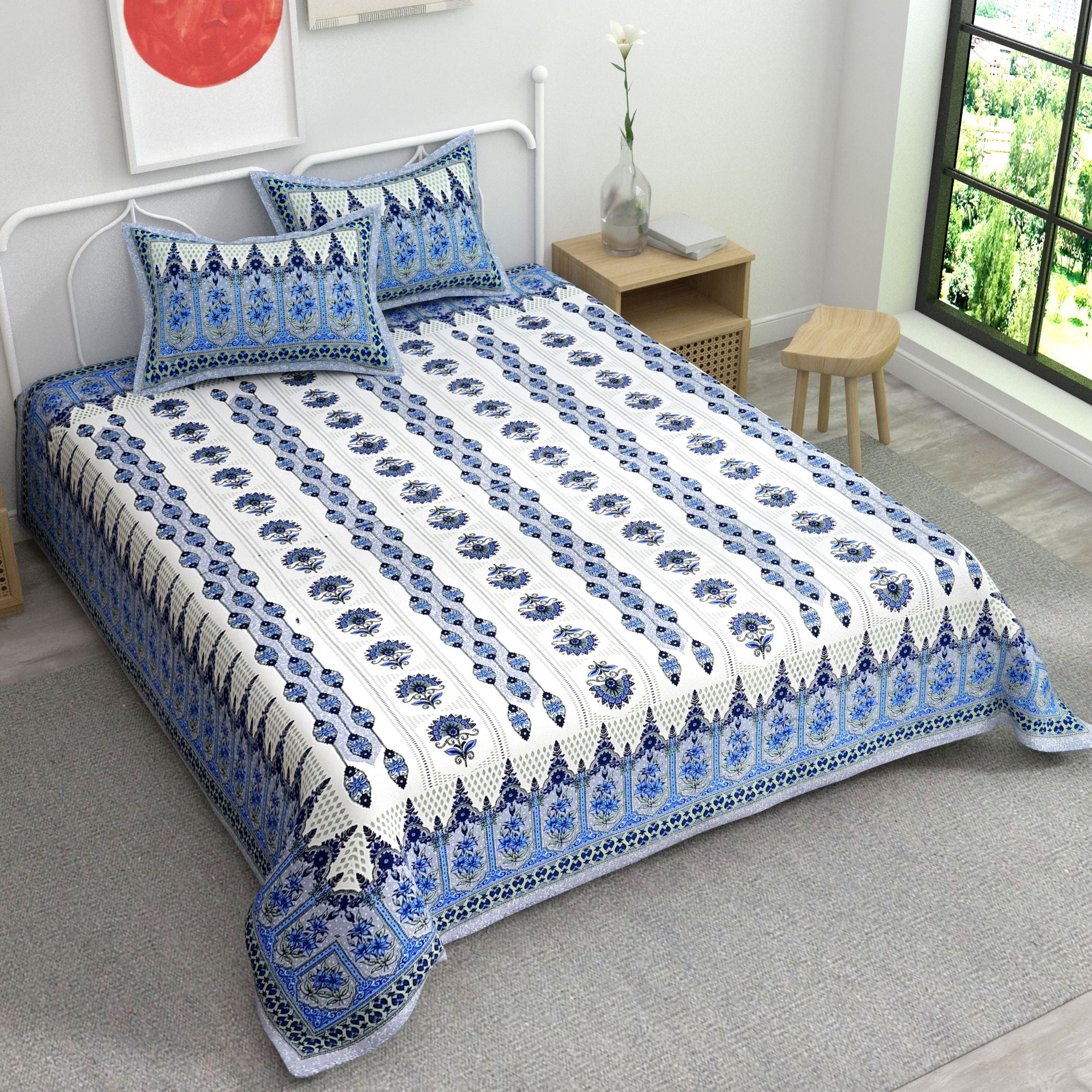 Blue Ethnic Motifs Cotton 220 TC Bedsheet With 2 Zipper Pillow Covers - King Size by House of Ree - Distacart