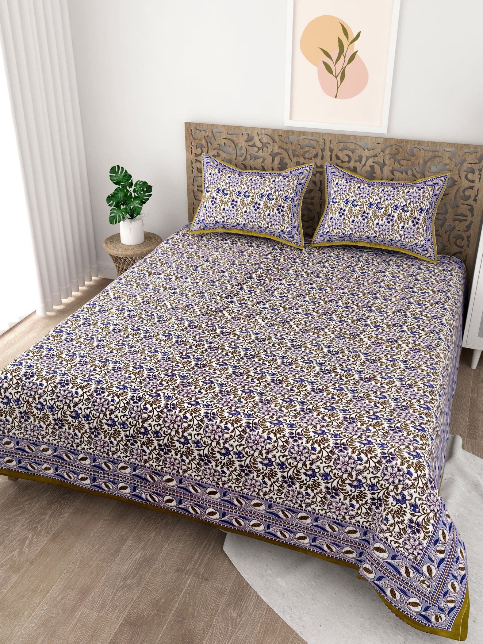 Lavender Floral Printed Cotton 200TC King Bedsheet With 2 Zipper Pillow Covers - King Size by House of Ree - Distacart