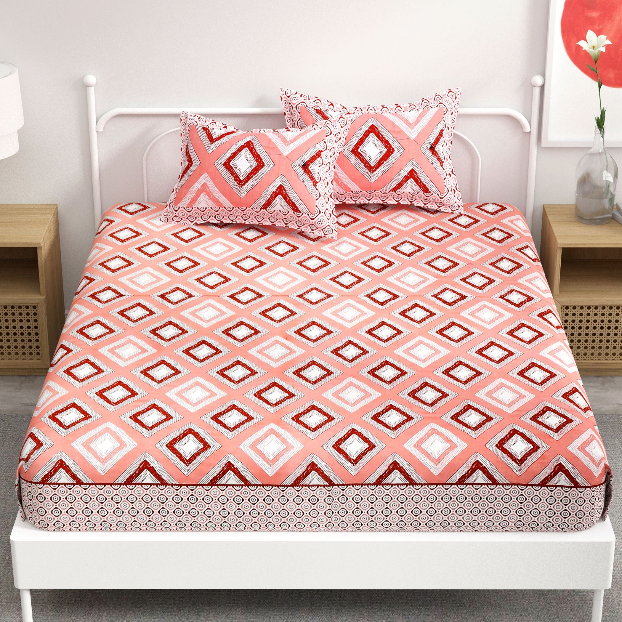 Orange Weave Pattern Cotton 300TC Super King Bedsheet With 2 Zipper Pillow Covers - King Size by House of Ree - Distacart