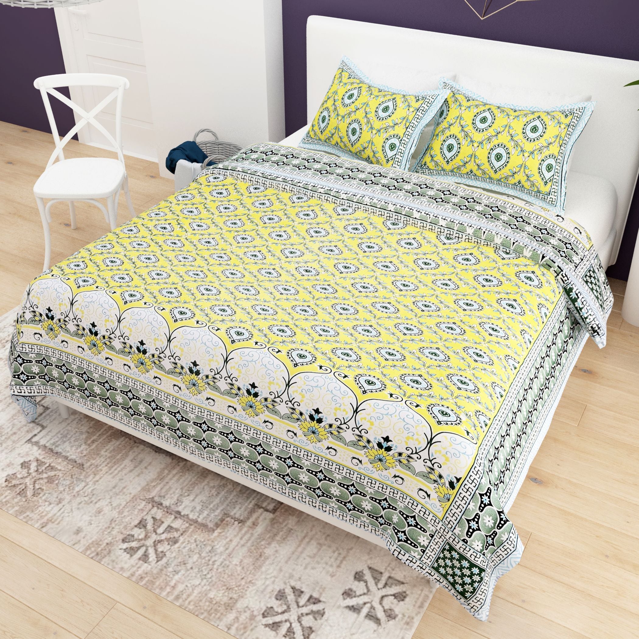 Blue White Ethnic Motifs Cotton 200TC King Bedsheet With 2 Zipper Pillow Covers - King Size by House of Ree - Distacart