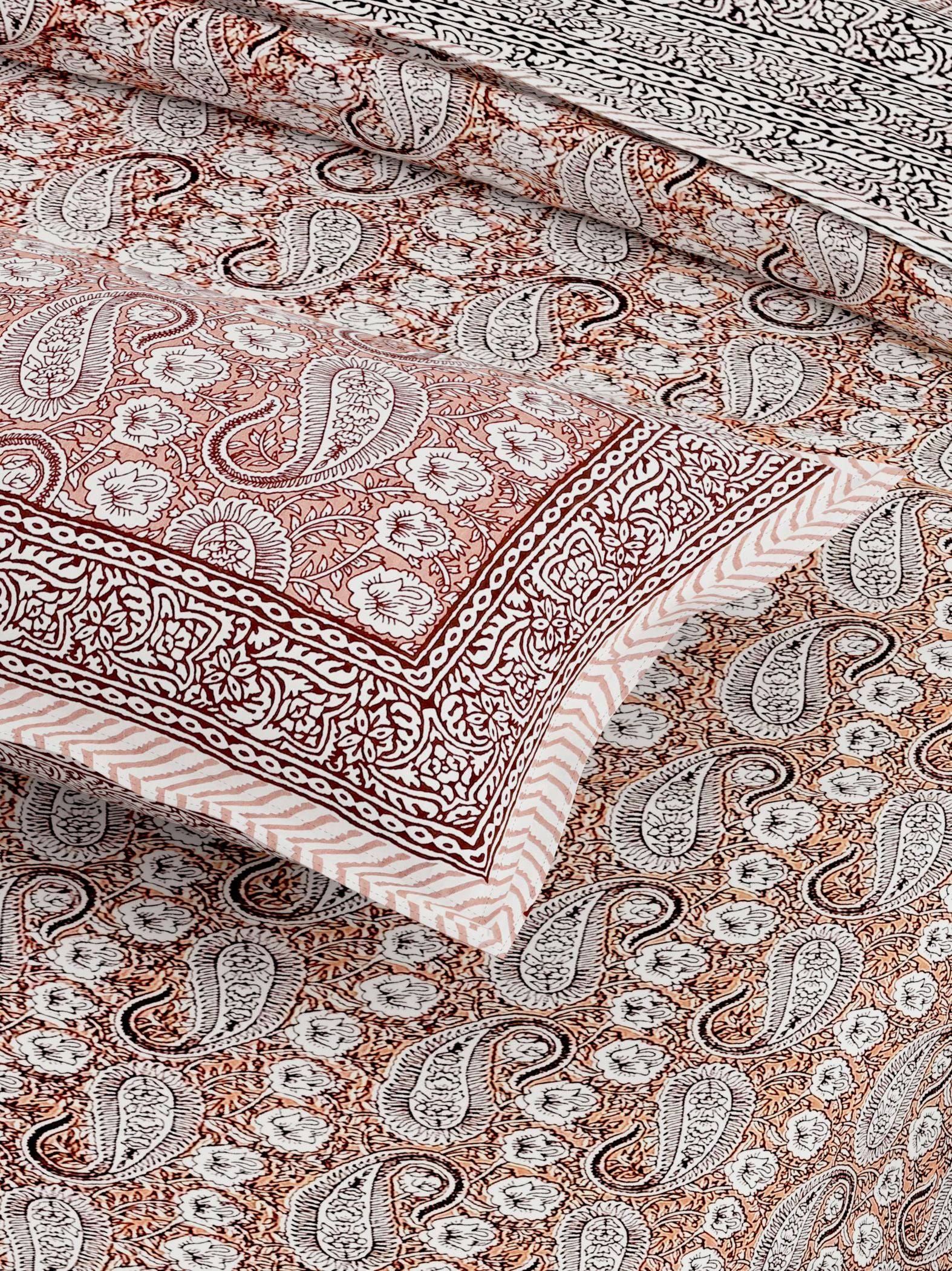Orange Ethnic Motifs Cotton 300TC King Bedsheet With 2 Zipper Pillow Covers - Super King Size by House of Ree - Distacart
