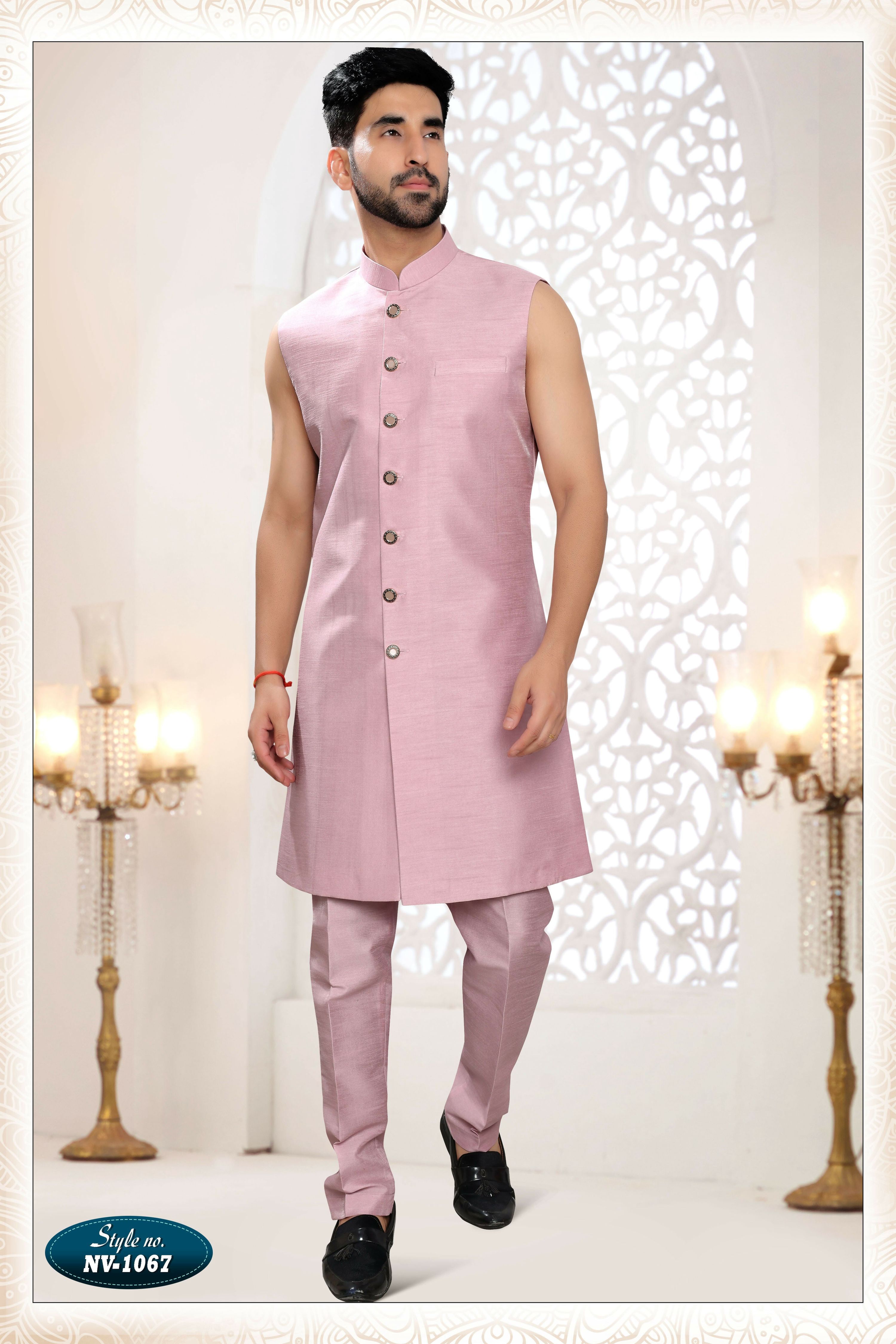 Joban Fashion Men's Pink Straight Silk Thread And Sequence Embroidery All Over 3 Pc Kurta Set - Distacart
