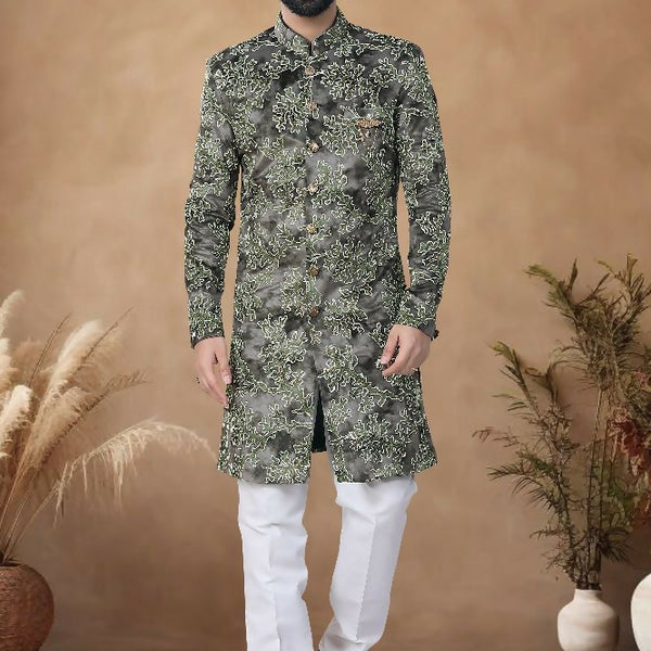 Joban Fashion Men's Green Straight Swed Velvet Thread & Sequence Embroidery All Over Indo-Western Kurta Set - Distacart