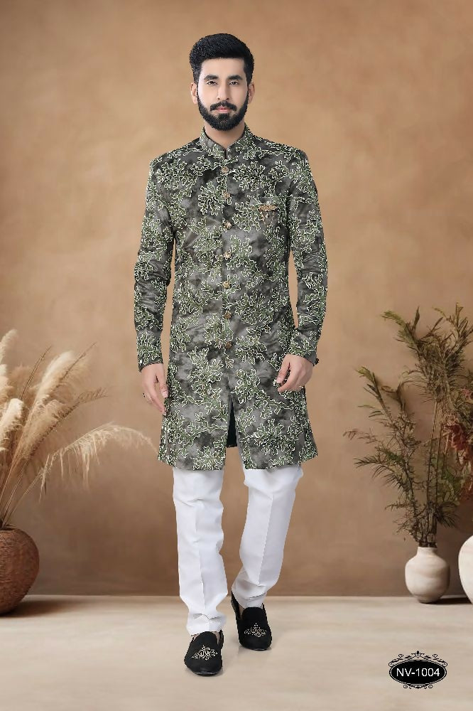 Joban Fashion Men's Green Straight Swed Velvet Thread & Sequence Embroidery All Over Indo-Western Kurta Set - Distacart