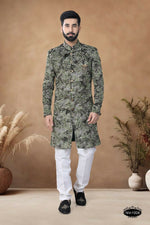 Thumbnail for Joban Fashion Men's Green Straight Swed Velvet Thread & Sequence Embroidery All Over Indo-Western Kurta Set - Distacart