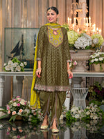 Thumbnail for Anaita Mehndi Embroidered Silk Stitched Dhoti Suit - Distacart