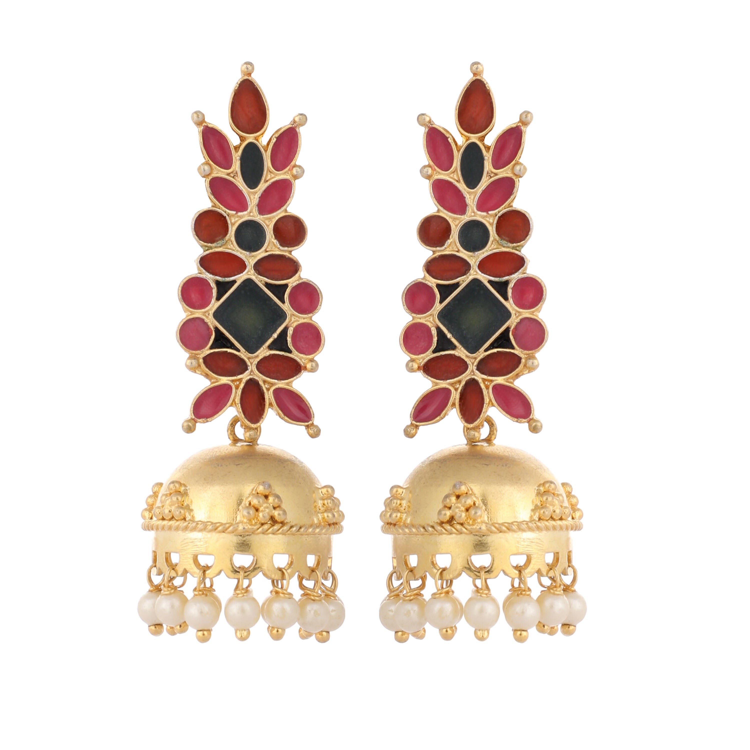Nuyug 22K Gold-Plated Enamel & Beaded Dome Shaped Jhumka Earrings