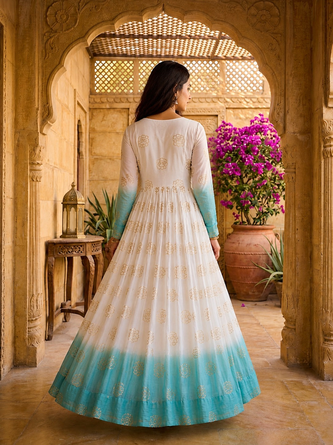 Anaita Blue&White Silk Readymade Anarkali Suit with Embroidery & Sequence Work - Dista