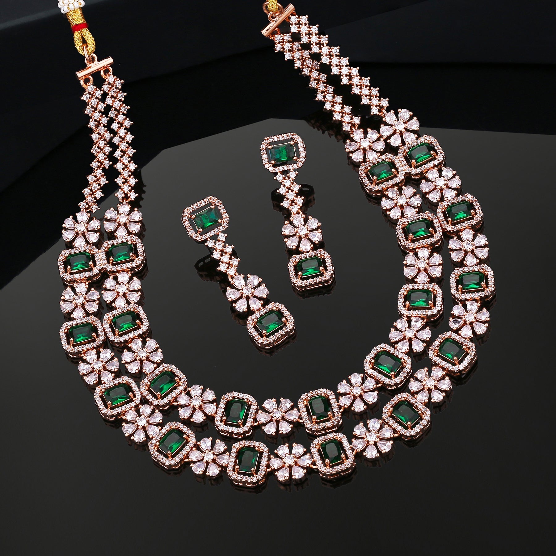 Estele Rose Gold-Polished CZ Dazzling Double Layered Designer Necklace Set with Green & White Crystals for Women - Distacart