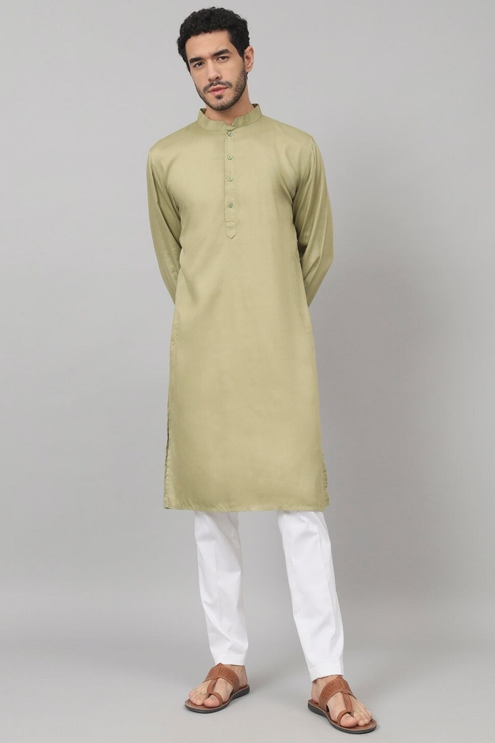 Giza Cotton Olive Green Plain Kurta by Hilo Design - Distacart
